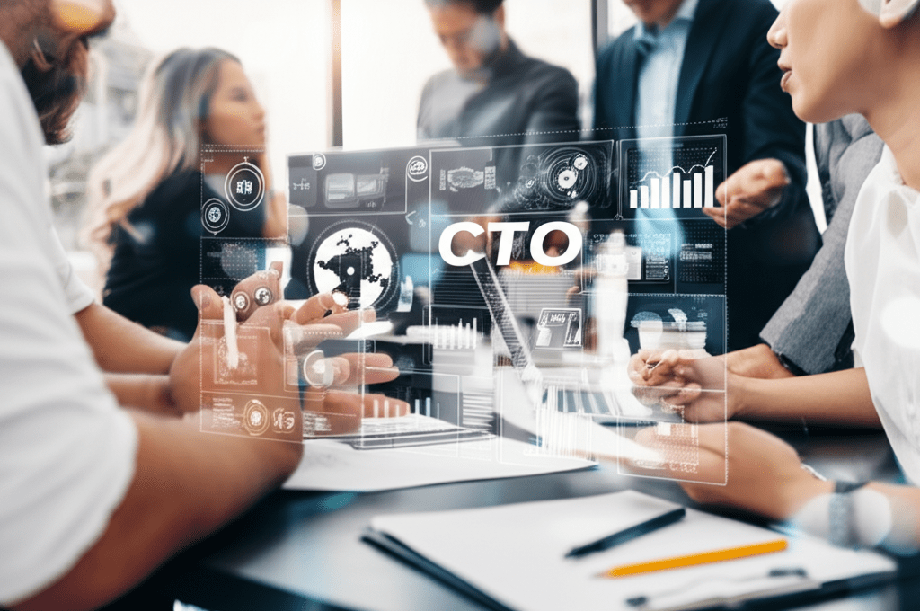 A diverse group of startup founders and a fractional CTO discussing technology strategy in a modern office environment with laptops and digital charts