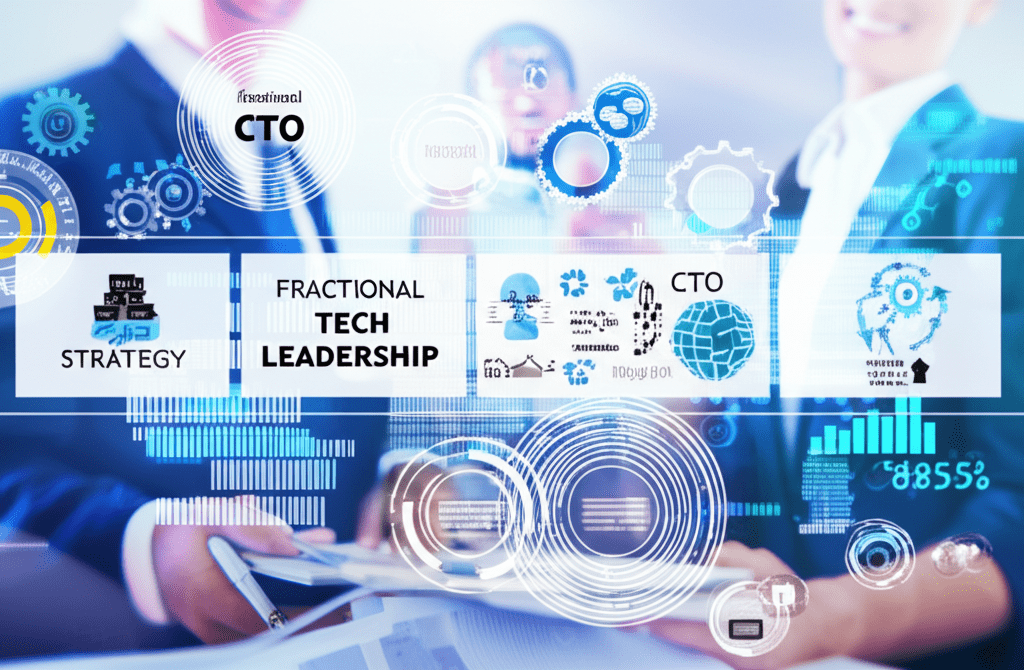 A professional business setting showing a diverse group of SME leaders and a fractional CTO collaborating over technology strategy with digital innovation elements in the background