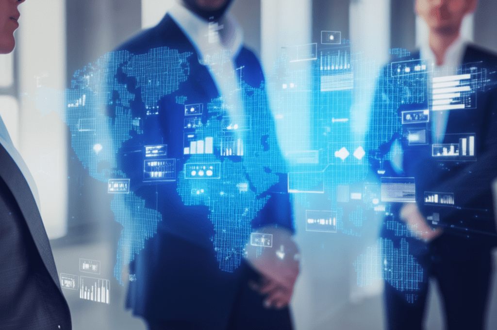 A professional diverse technology leader advising startup and SME teams in modern office with futuristic digital technology background representing collaboration, innovation, and leadership