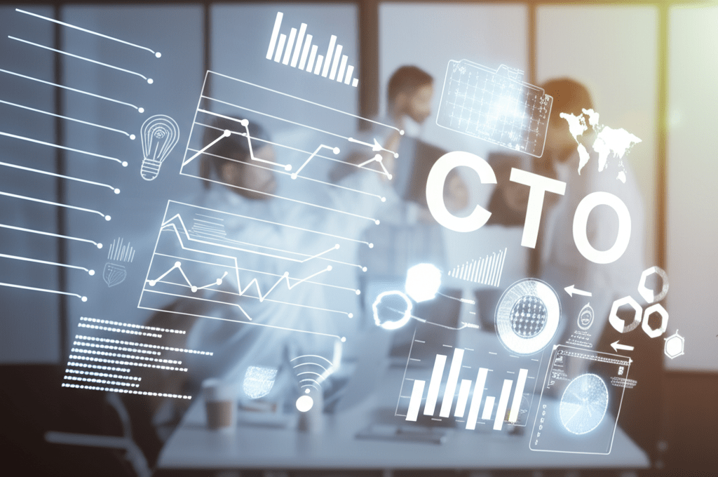 A modern startup office with diverse professionals collaborating on digital technology projects, featuring futuristic digital transformation elements like holograms and data streams, symbolizing fractional CTO services empowering startups and SMEs.