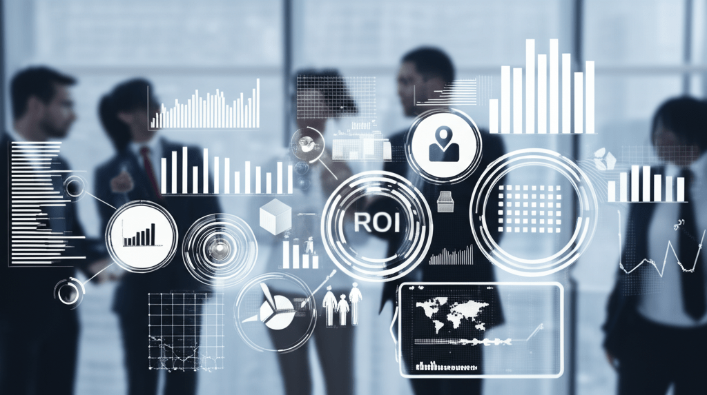 A diverse group of executives and technology leaders in a modern office discussing strategy with digital technology elements symbolizing ROI and innovation