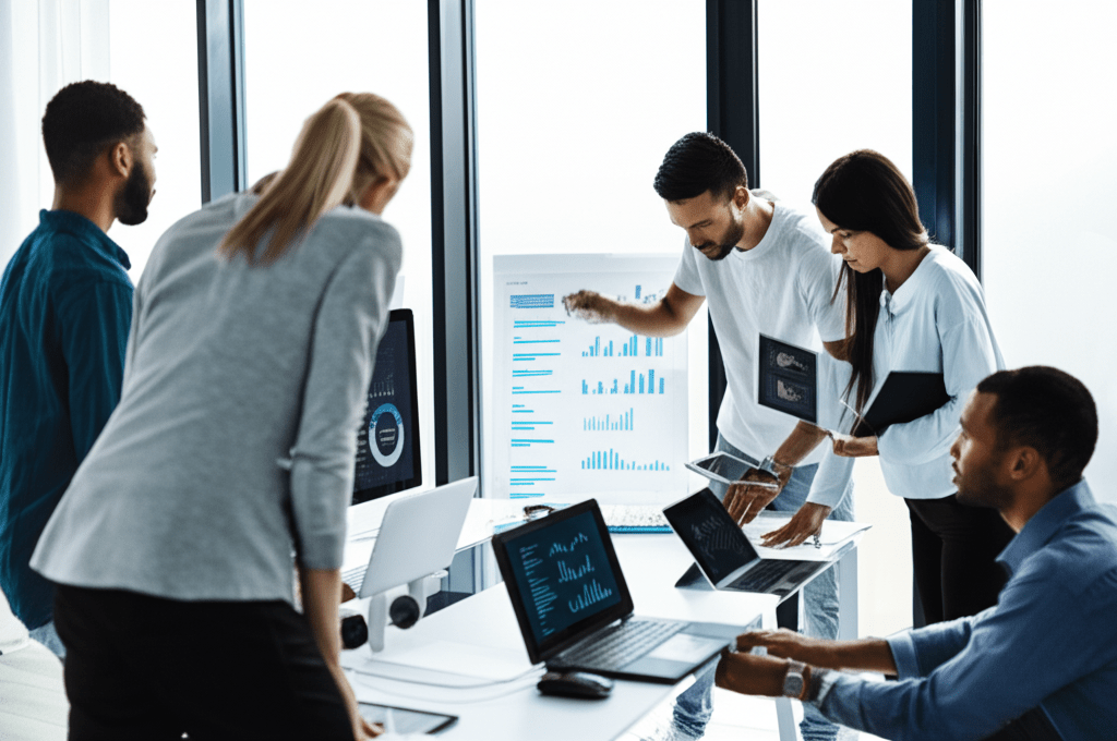A modern startup office environment with diverse professionals collaborating around technology devices, symbolizing fractional CTO leadership and strategic tech outsourcing for startups and SMEs
