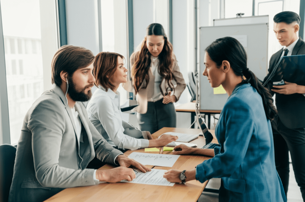 A diverse group of startup and SME professionals collaborating with a fractional CTO in a modern office environment, symbolizing technology leadership and innovation.