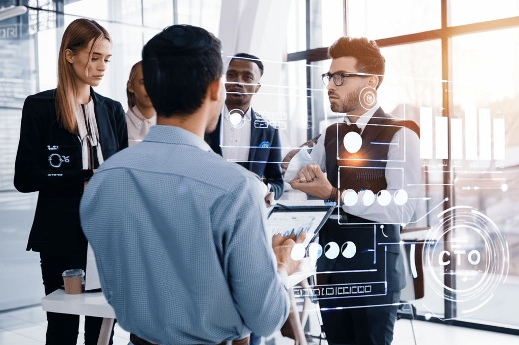A diverse group of startup founders and a fractional CTO discussing technology strategy in a modern office with laptops and digital charts