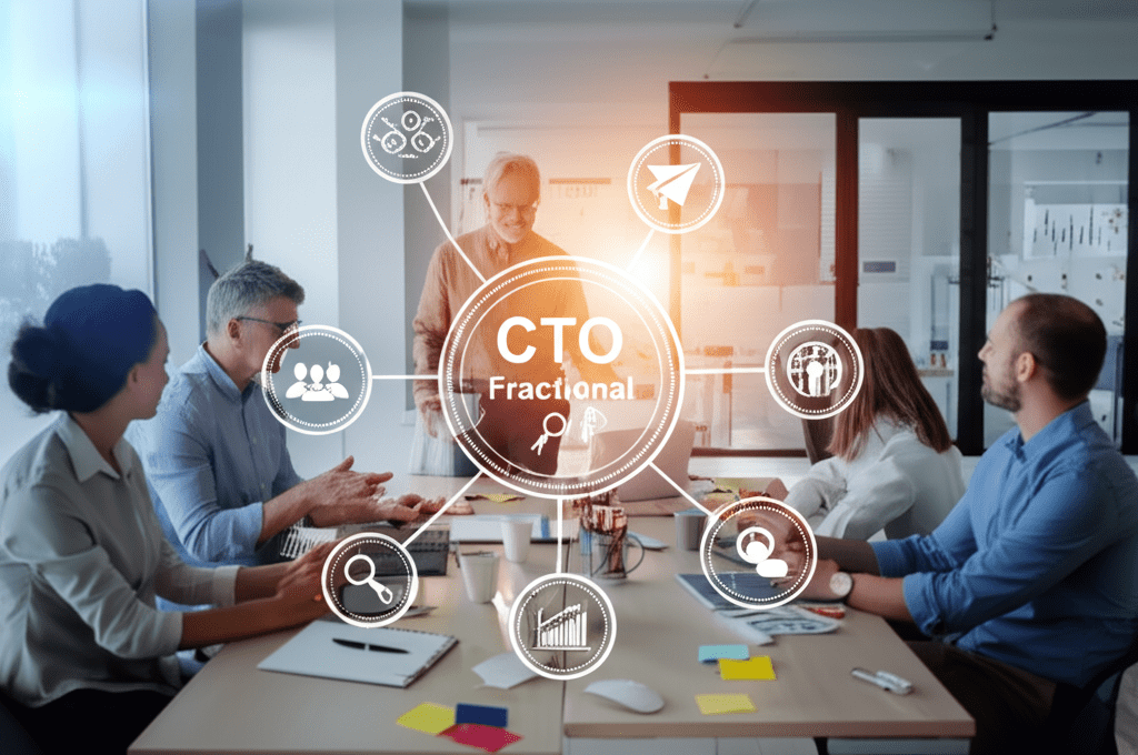 A diverse group of startup founders and a fractional CTO collaborating in a modern office, discussing technology and equity compensation, with a backdrop of startup growth and innovation symbols