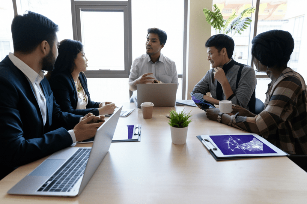 A diverse group of startup founders and a fractional CTO collaborating on technology strategy in a modern office environment with laptops and digital devices