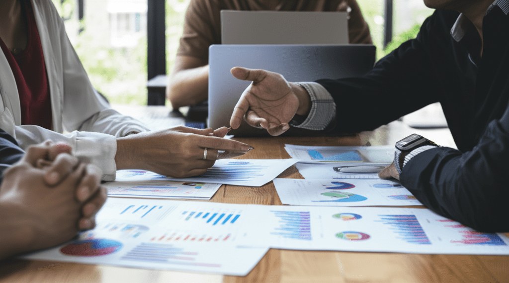 A professional business setting showing a diverse group of startup founders and a fractional CTO discussing equity compensation models, with charts and laptops on the table, modern office environment, collaborative and strategic atmosphere
