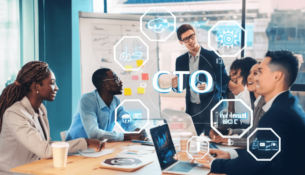 A professional business setting showing a diverse group of startup and SME leaders discussing technology strategy with a fractional CTO in a modern office environment with a collaborative atmosphere.