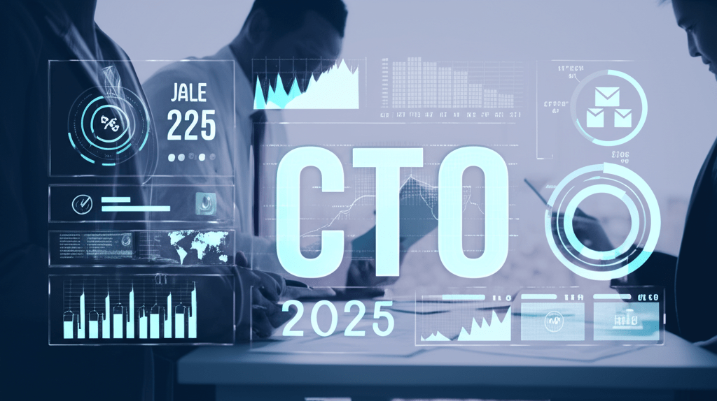 A professional business setting showing a diverse group of executives discussing technology and finance, with digital graphs and futuristic interface elements in the background, symbolizing fractional CTO roles and salary trends in 2025