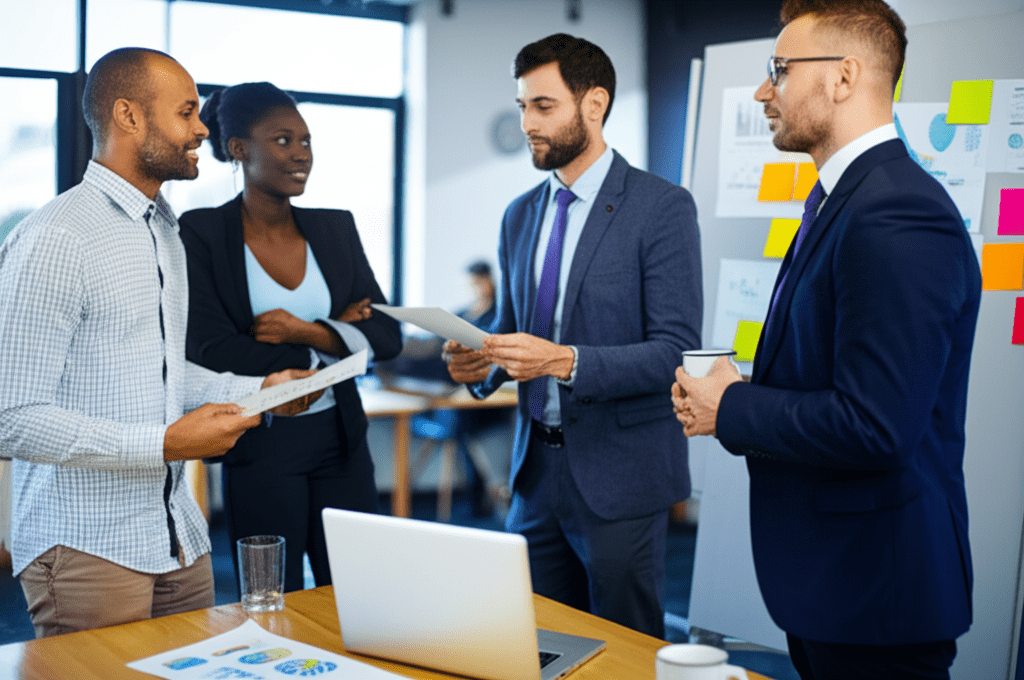 A professional business setting showing a diverse group of startup and SME professionals discussing technology leadership and recruitment strategies in a modern office environment