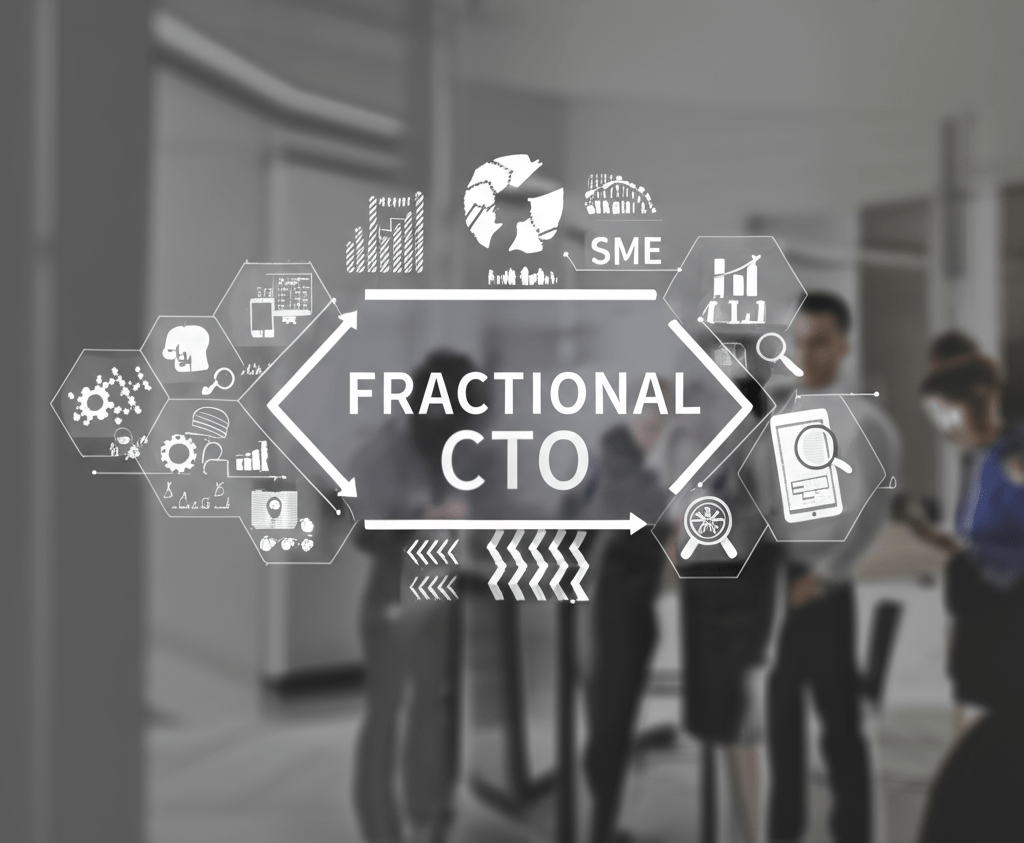 A professional business setting showing a diverse group of startup and SME leaders collaborating with a fractional CTO, modern technology devices, digital transformation elements, and a futuristic office environment symbolizing innovation and strategic technology leadership