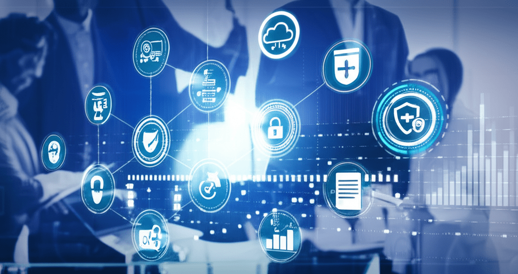 A professional business setting showing a diverse group of technology leaders collaborating, with digital technology elements like data streams, cloud computing icons, and compliance symbols subtly integrated in the background, representing fractional CTO services in regulated industries such as healthcare and finance