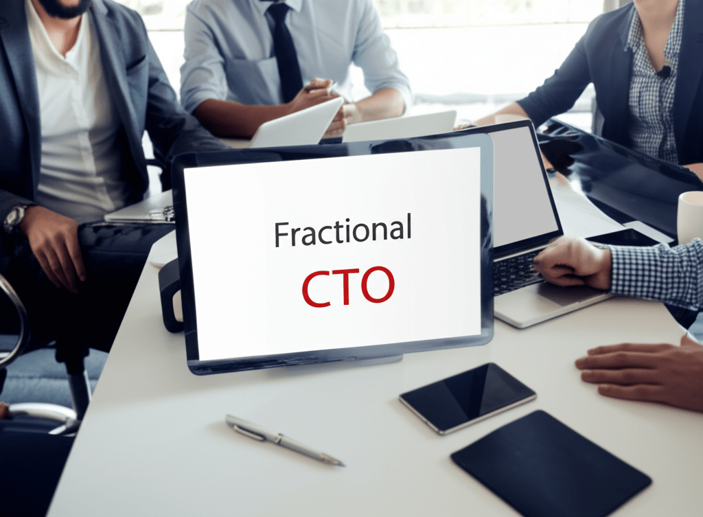 A diverse group of startup founders and a fractional CTO collaborating on technology strategy in a modern office setting with laptops and digital devices.