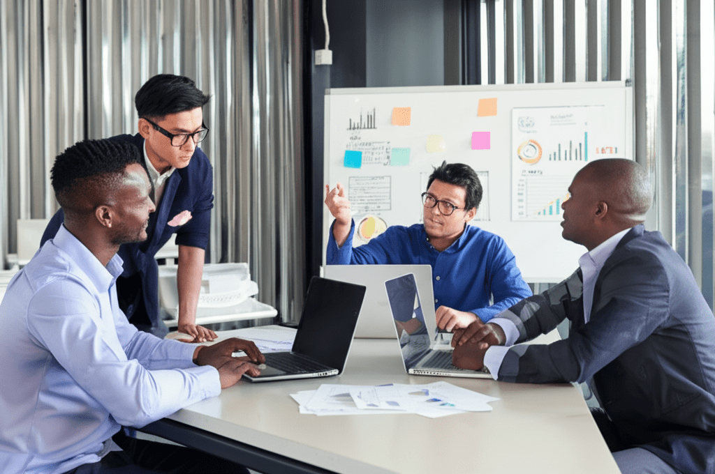 A diverse group of startup founders and a fractional CTO collaborating in a modern office environment with laptops and digital devices
