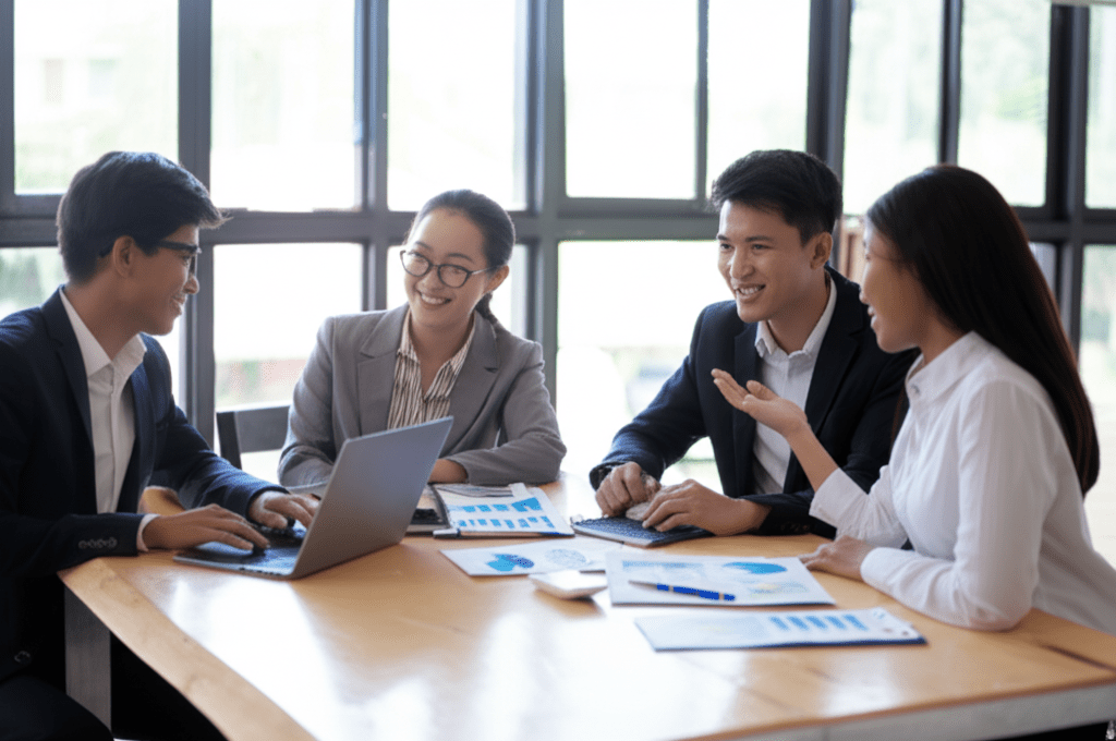 A professional business meeting scene showing diverse startup founders and a fractional CTO discussing technology strategy and negotiation in a modern office setting