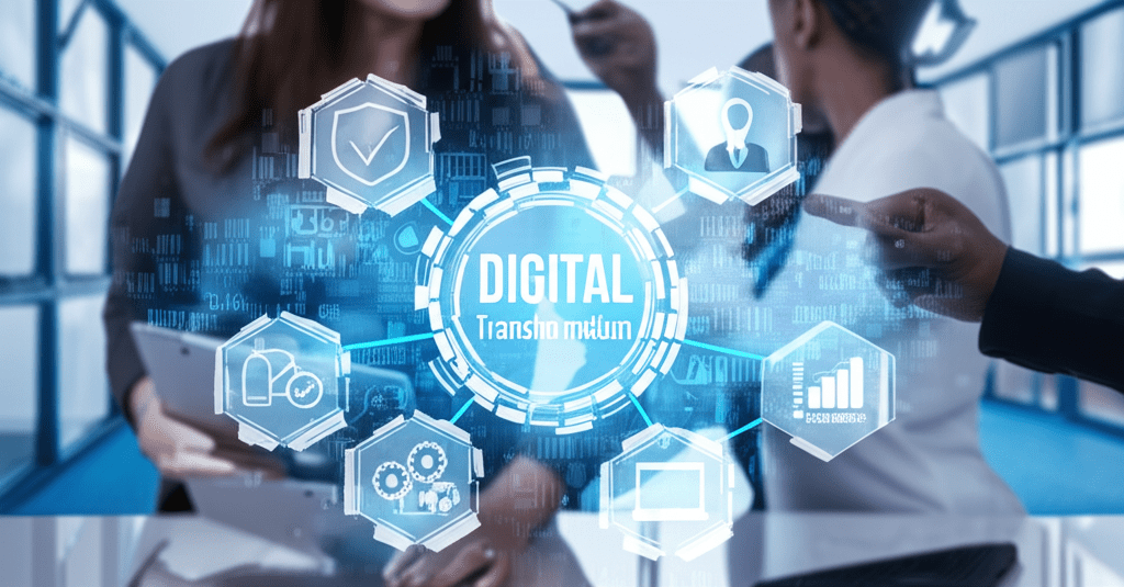 Diverse technology leaders collaborating in a modern office setting with elements representing healthcare and finance industries, symbolizing digital transformation and compliance in regulated sectors
