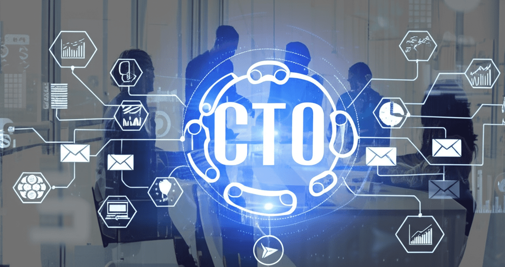 A diverse group of professionals in a modern office discussing technology leadership with digital technology icons, representing fractional CTO recruitment for startups and SMEs