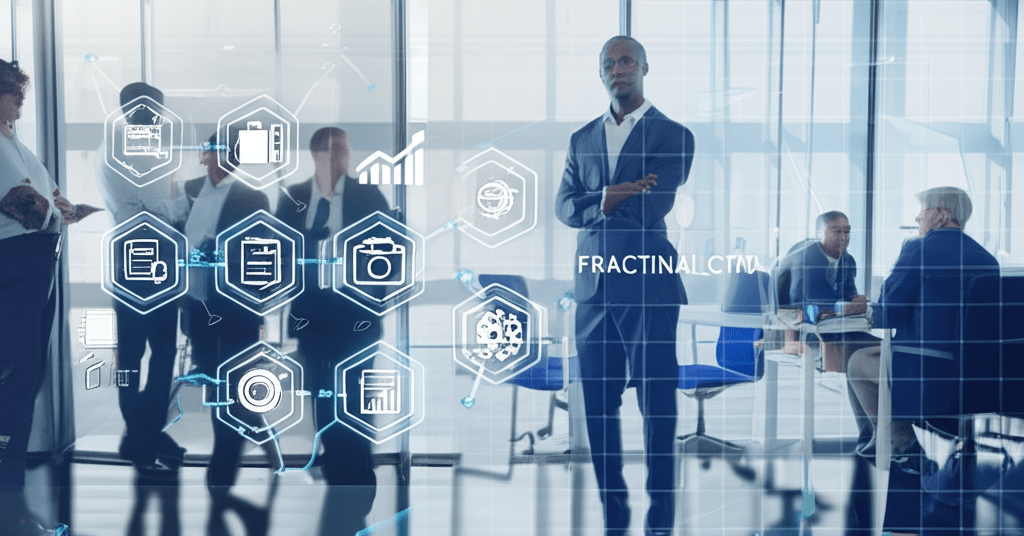 A diverse group of startup founders and tech leaders in a modern office discussing technology strategy with digital technology icons in the background, representing fractional CTO recruitment services and expert tech leadership for startups and SMEs