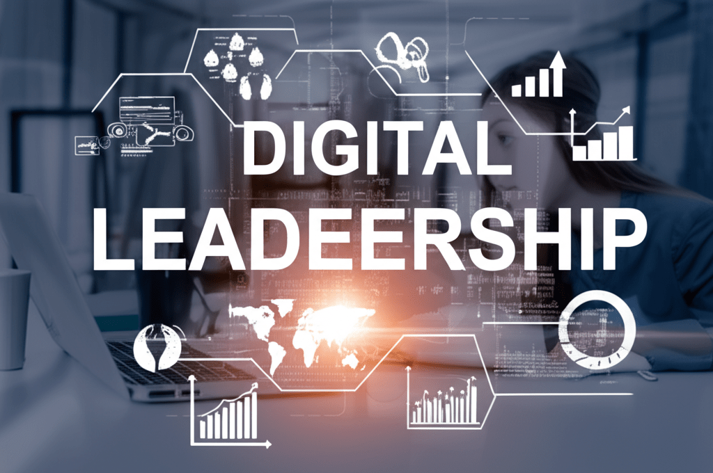 A modern office setting with diverse professionals collaborating on digital technology projects, featuring laptops, digital devices, and futuristic tech elements symbolizing digital transformation and strategic leadership in startups and SMEs