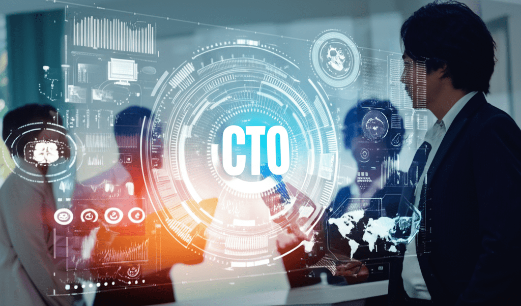 A diverse group of startup and SME professionals collaborating with a fractional CTO in a modern office, surrounded by digital interfaces and technology icons representing innovation and digital transformation.