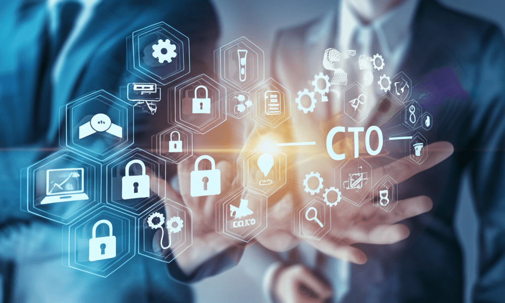 A diverse group of technology leaders collaborating in a professional business setting with digital compliance and security icons overlay, symbolizing fractional CTO roles in regulated industries balancing innovation and compliance.