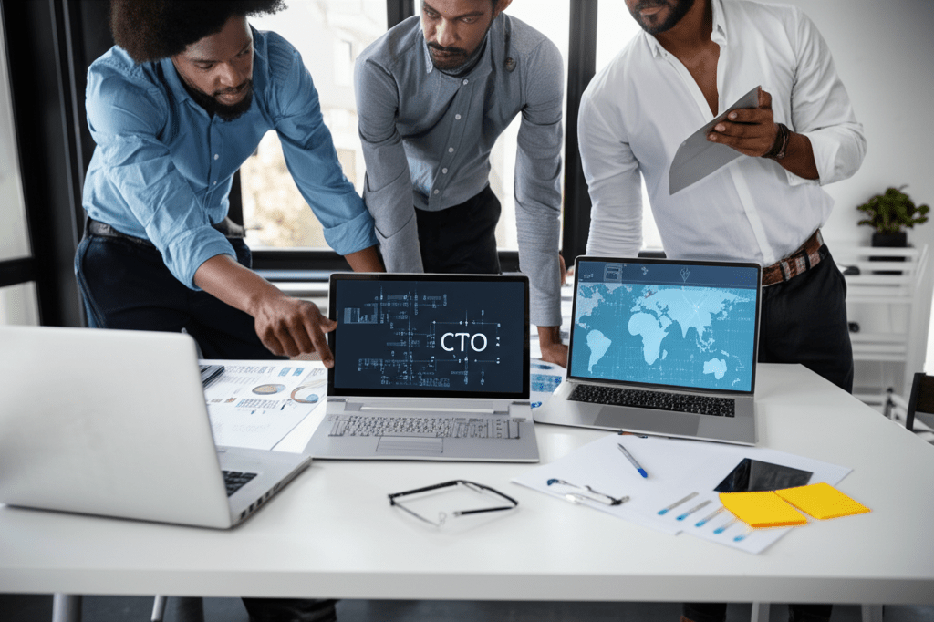 A diverse group of startup founders and a fractional CTO collaborating over technology strategy in a modern office environment with laptops and digital devices, symbolizing leadership, innovation, and technology growth