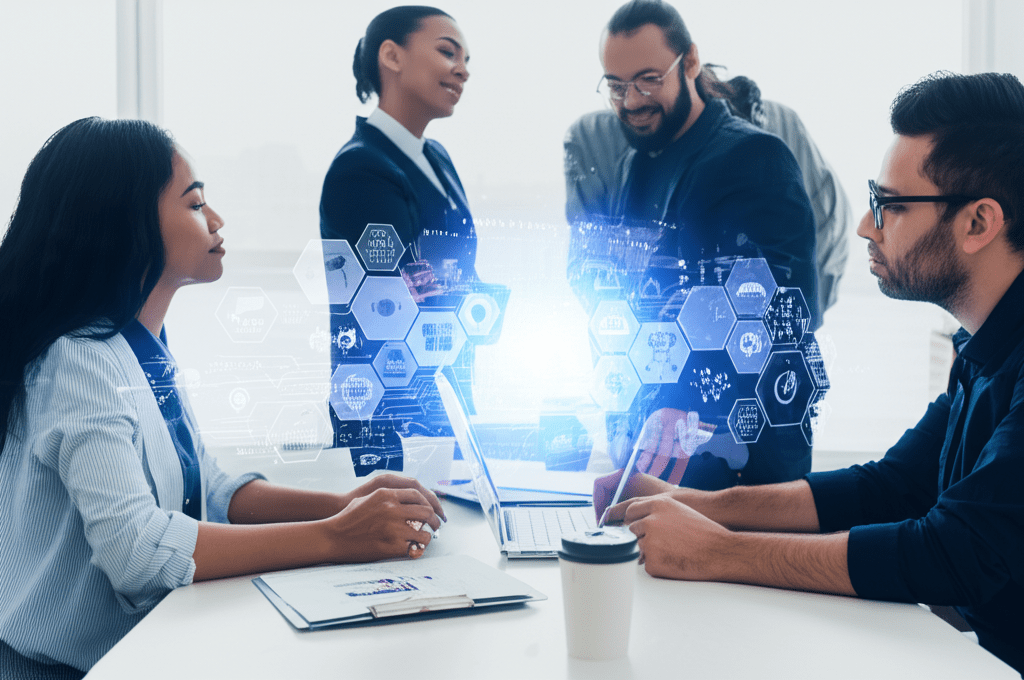 A diverse group of startup founders and a fractional CTO collaborating on technology strategy in a modern office with digital innovation elements in the background