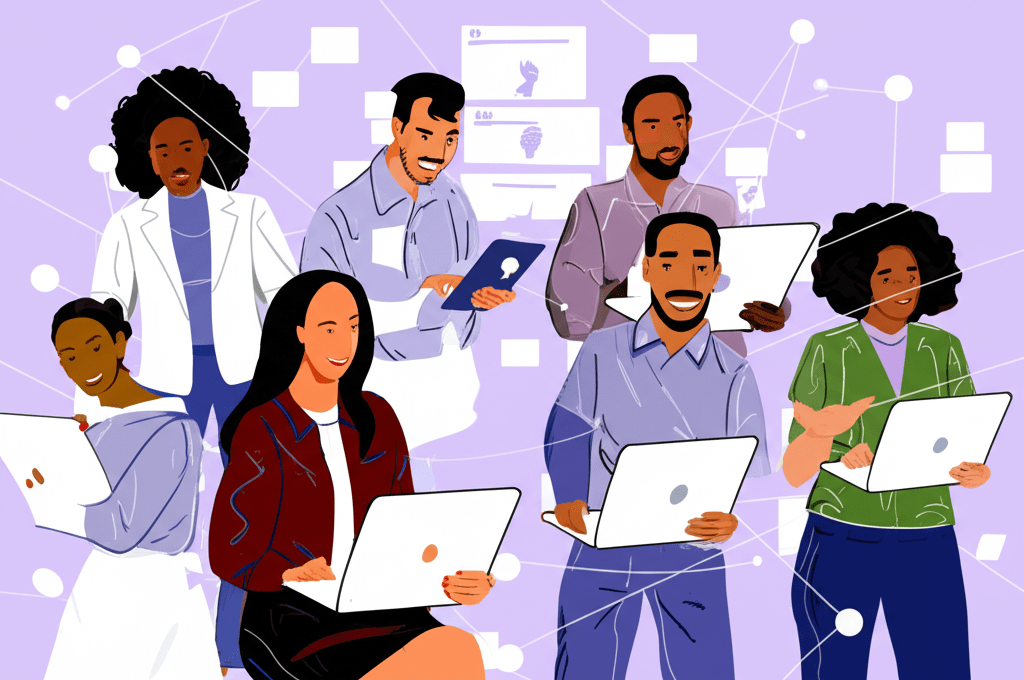 A diverse group of remote technology leaders collaborating online in a virtual meeting, representing modern distributed teams and innovation in tech leadership