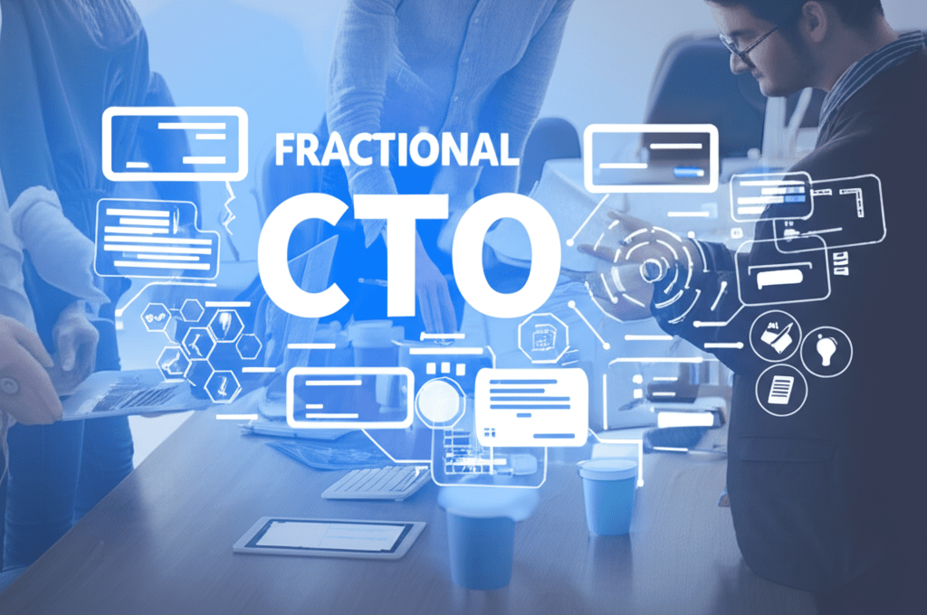 A professional business setting showing a fractional CTO working with a startup team, diverse group of people collaborating over laptops and digital devices in a modern office environment with a technology and innovation theme.