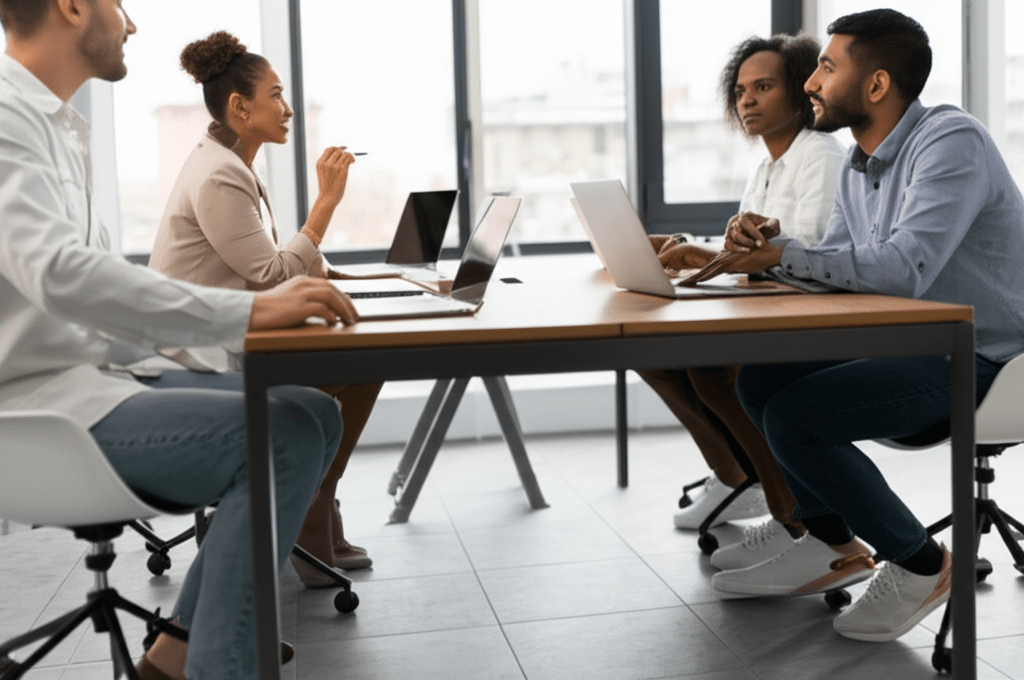 Diverse startup team in a modern office discussing technology strategy with a fractional CTO leading the meeting, symbolizing negotiation and collaboration in tech leadership for startups and SMEs