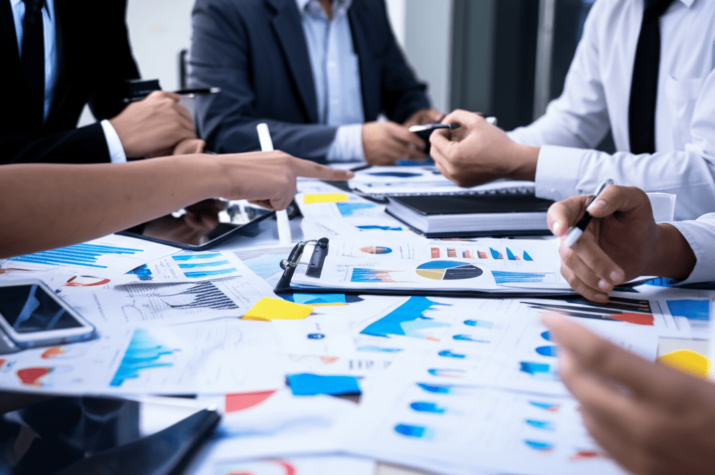 A diverse group of tech leaders in a professional business setting discussing strategy around a table with laptops and digital devices, symbolizing fractional CTO roles and leadership in startups and technology companies