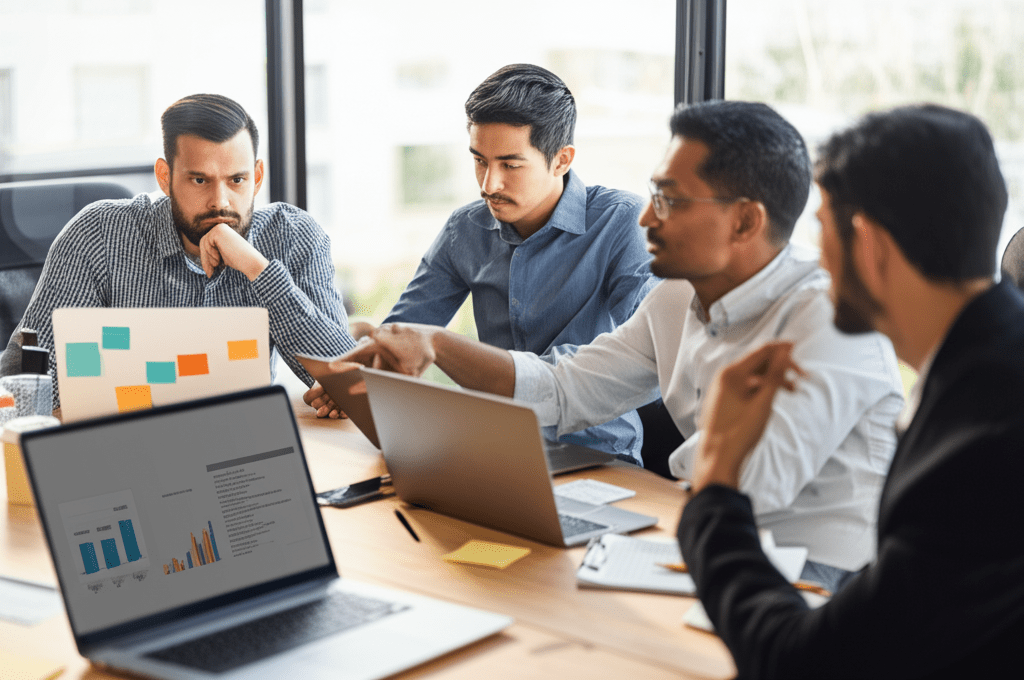 A diverse group of startup founders and a fractional CTO discussing technology strategy in a modern office environment with laptops and digital devices