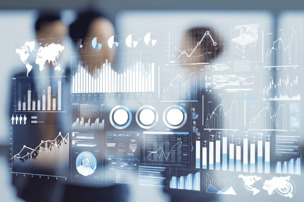Diverse technology leaders in a professional business setting discussing strategy with digital graphs and charts overlay, symbolizing fractional CTO impact on startups and SMEs
