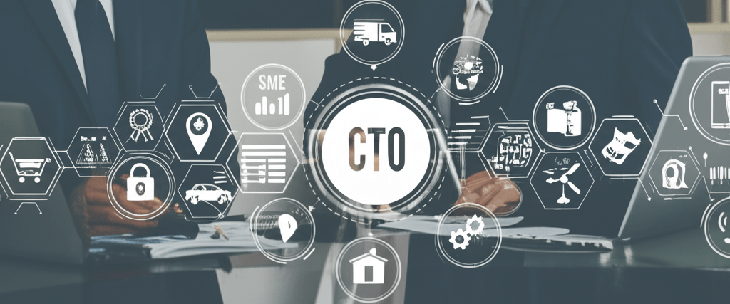 A diverse group of startup and SME professionals collaborating with a fractional CTO in a modern office, symbolizing technology leadership and digital transformation.