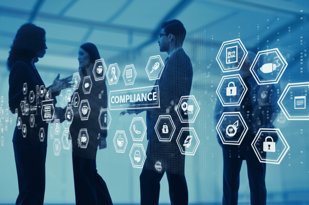 A diverse group of business and technology leaders in a modern office discussing digital compliance and innovation with abstract data streams and secure cloud icons, representing regulated industries like healthcare, finance, and government technology.