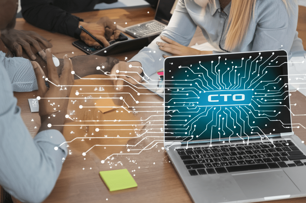 A diverse group of startup founders and a fractional CTO collaborating on technology strategy in a modern office environment