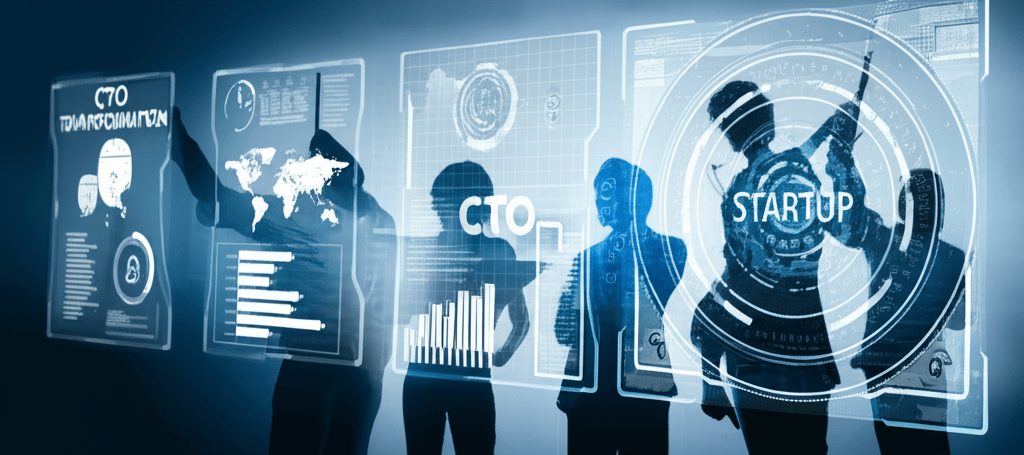A modern digital transformation concept showing a diverse group of startup professionals collaborating with futuristic technology interfaces, symbolizing fractional CTO leadership and innovation in a dynamic business environment