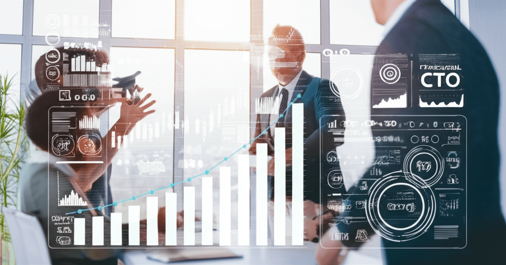 A diverse group of startup and SME leaders collaborating with a fractional CTO in a modern business setting with digital graphs and charts symbolizing growth and innovation