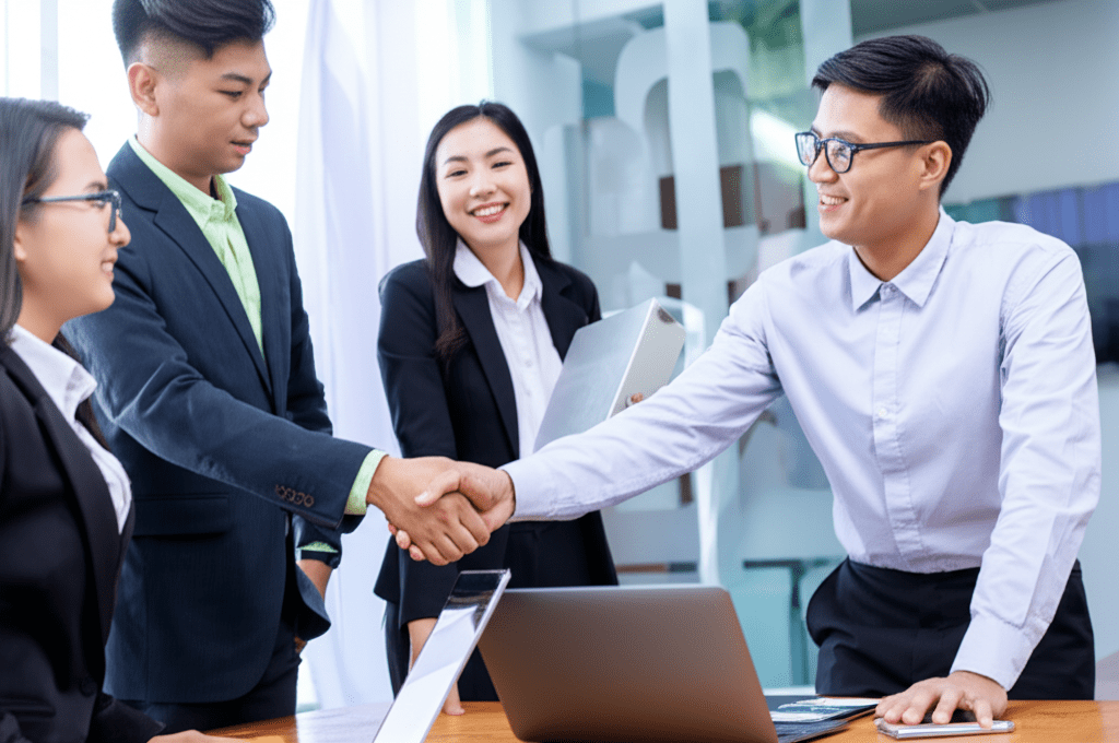 A diverse group of startup founders and a fractional CTO collaborating on technology strategy in a modern office environment