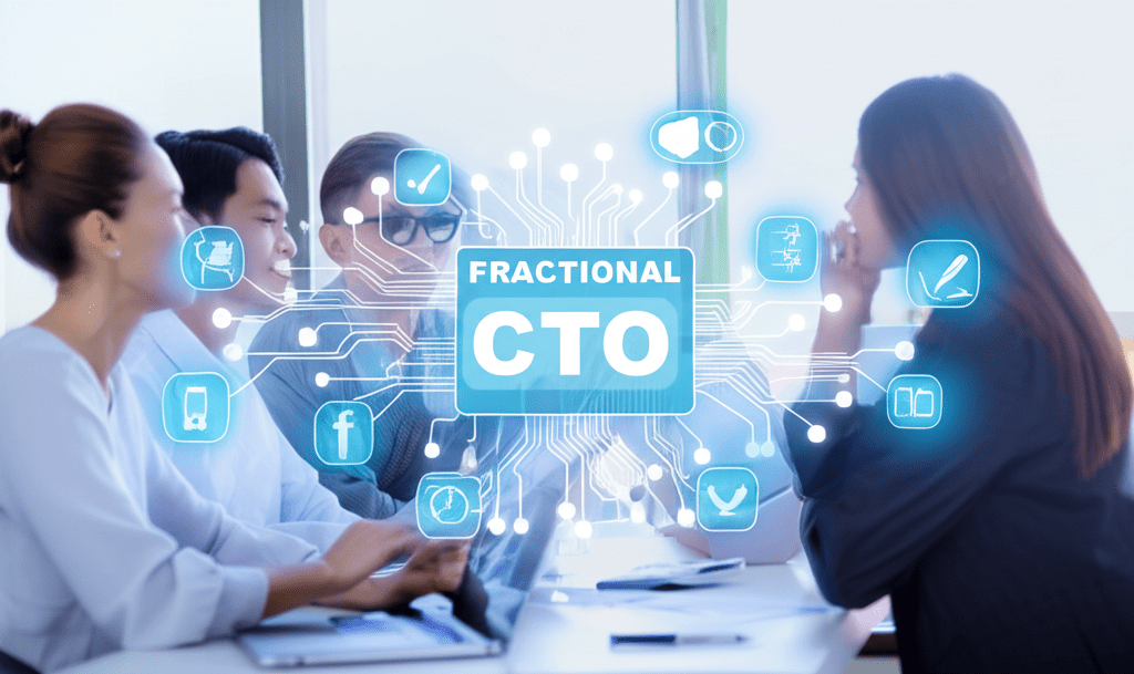 A diverse group of startup and SME professionals collaborating with a fractional CTO in a modern office environment with laptops and charts