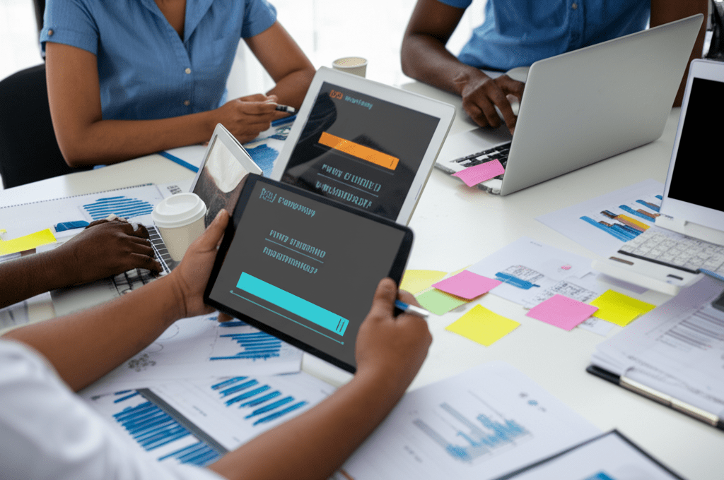A diverse group of SME leaders and a fractional CTO collaborating over technology strategy with laptops and digital devices in a professional business setting