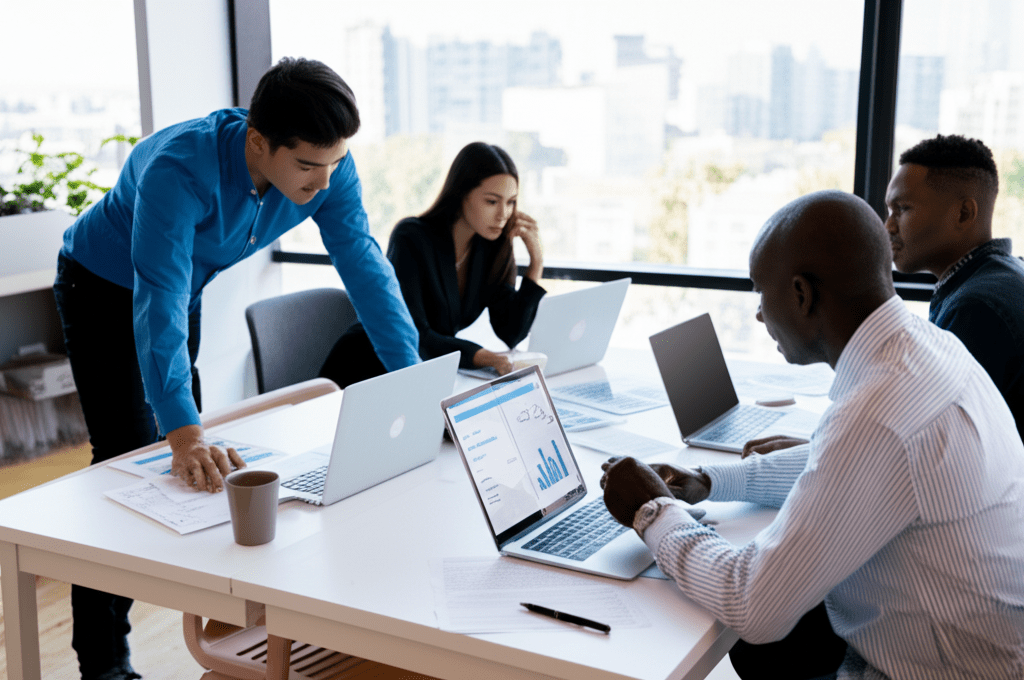 A diverse group of professionals in a modern office environment collaborating around laptops and digital devices, representing fractional CTO outsourcing, technology leadership, and startup growth.