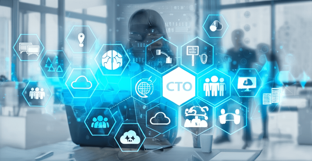 A modern digital transformation concept showing a fractional CTO leading a diverse startup and SME team, with technology elements like cloud computing, data analytics, and remote collaboration in a futuristic office environment, vibrant and professional style