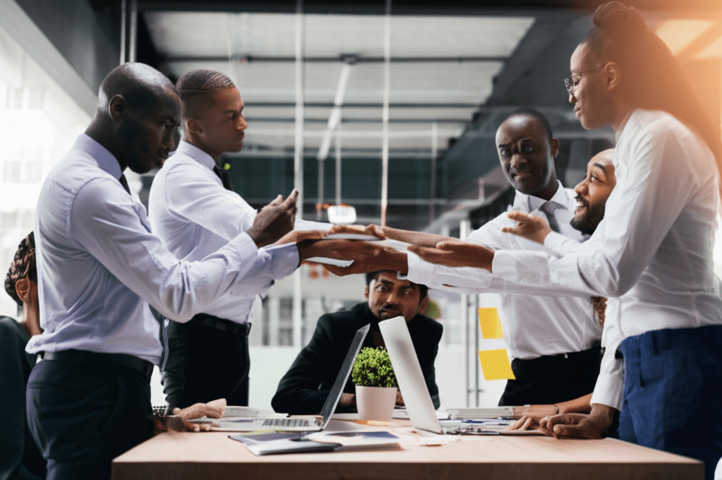 A professional business setting showing diverse technology leaders collaborating, with a modern office background, symbolizing fractional CTO, interim CTO, and part-time CTO roles in a startup or SME environment