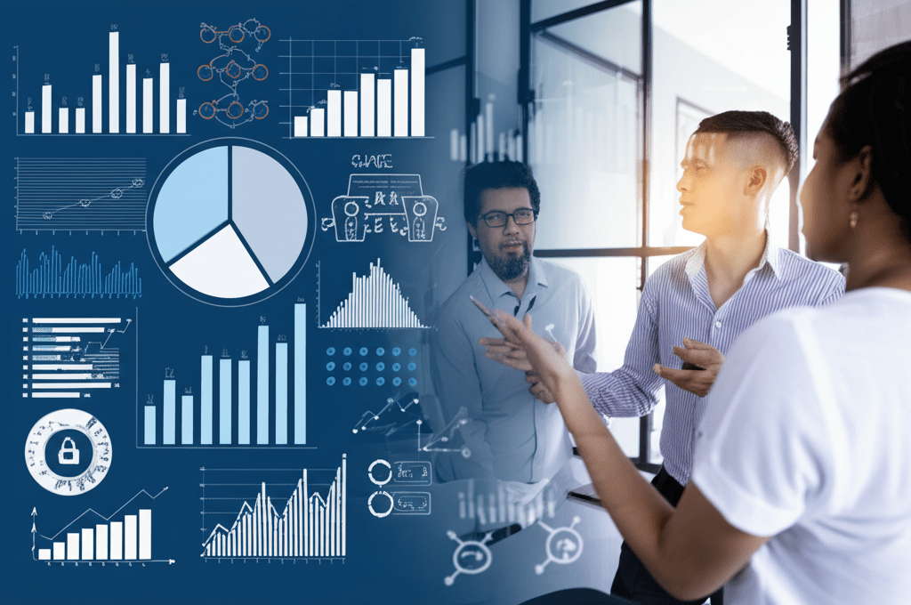 A diverse group of startup founders and a fractional CTO discussing technology strategy in a modern office with digital financial graphs and salary data overlays in the background.