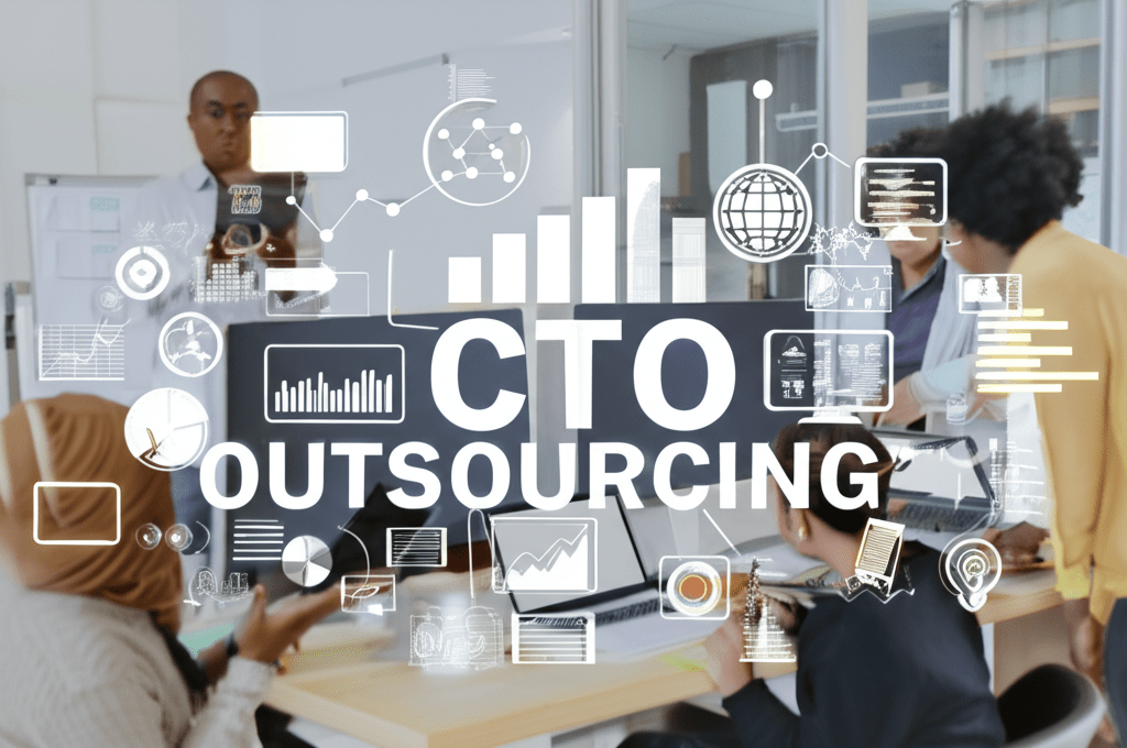 A modern office setting with diverse professionals collaborating around technology devices, symbolizing fractional CTO outsourcing, strategic tech leadership, innovation, and startup growth
