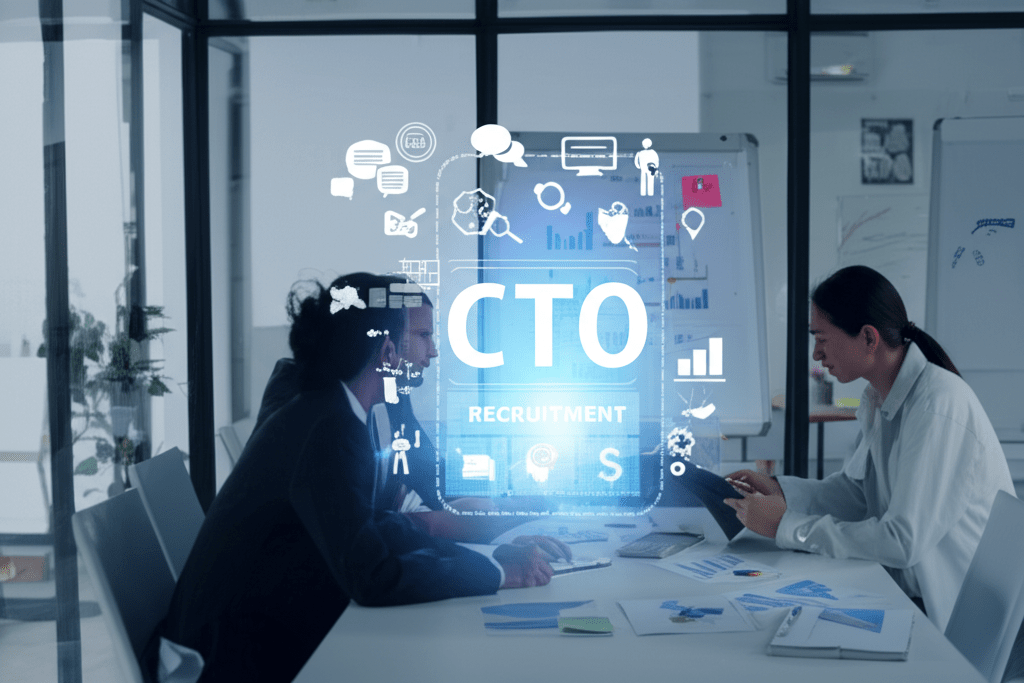 A professional business setting showing a diverse group of people in a modern office discussing technology strategy, representing fractional CTO recruitment and outsourcing services for startups and SMEs