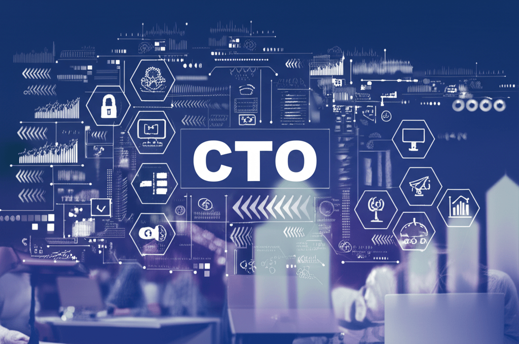 A diverse group of startup and SME leaders collaborating with a fractional CTO in a modern business setting with technology devices and growth charts symbolizing innovation and digital transformation.