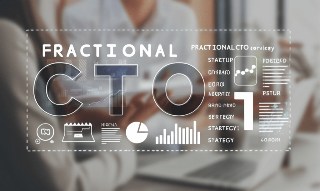 A professional business setting showing a diverse group of startup founders and a fractional CTO discussing technology strategy with laptops and digital charts in the background, symbolizing fractional CTO services pricing and negotiation