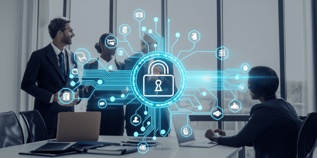 A diverse group of executives and technology leaders collaborating in a modern office with digital technology and secure data symbols, representing fractional CTO services driving digital transformation in regulated industries like healthcare and finance